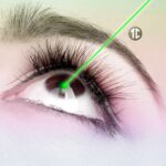 Primer plano de un ojo con un rayo láser dirigido a la pupila.